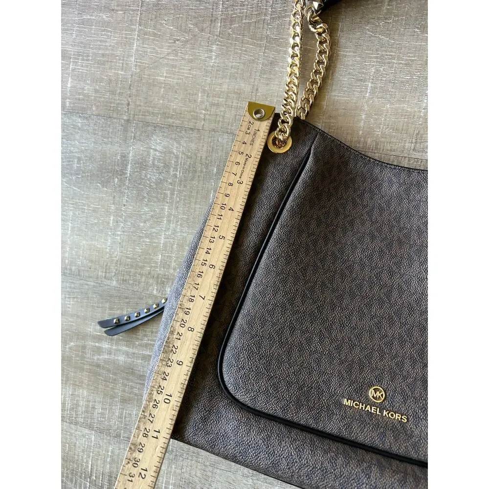 Michael Kors Jet Set Large Chain Tote Brown MK Monogram PVC Leather Trim Bag EUC